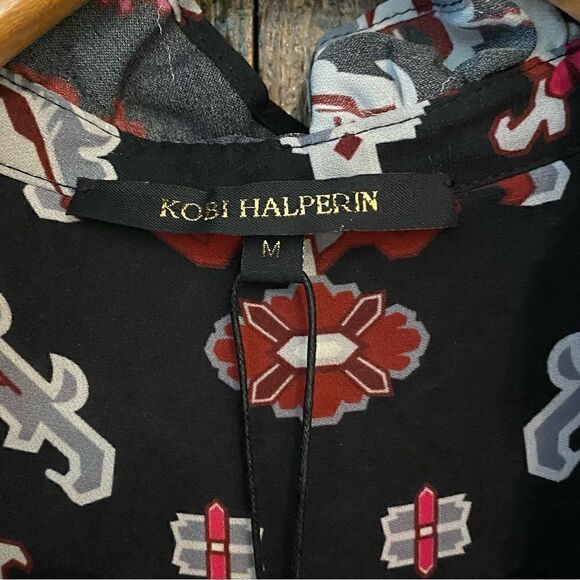 Kobi Halperin Sz M NWT Black Red Levi Ruffle Smocked Cuff Flowy 100% Silk Blouse - Picture 6 of 10